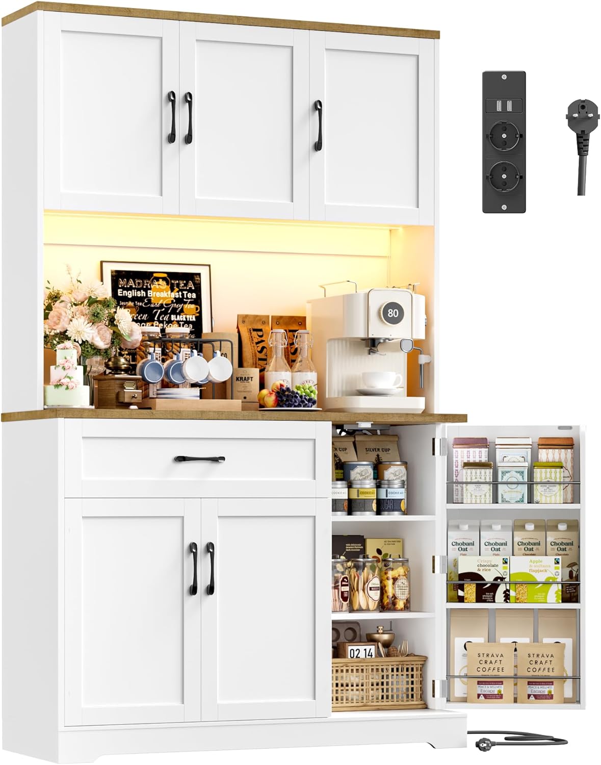 FirFurd Midi- & Hochschränke, Küchenschrank, Buffetschrank mit LED, Gewürzregal, Steckdosenleiste