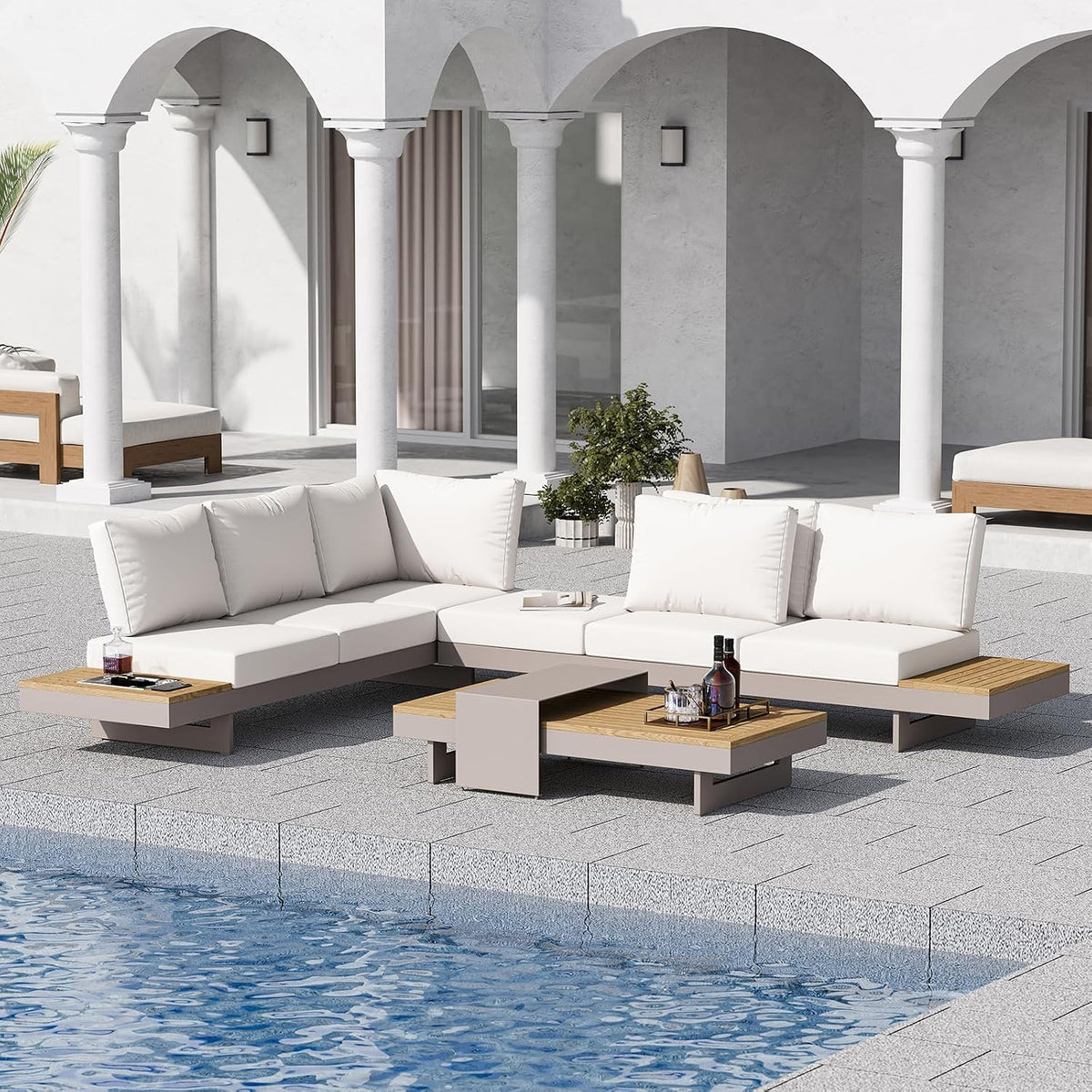 Sofa, 6-Sitzer Garten Lounge Set mit Aluminiumrahmen und Teak, Homary