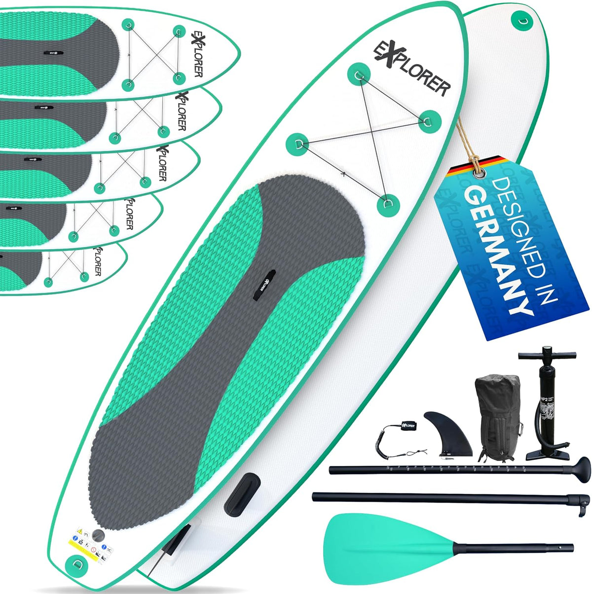 EXPLORER SUP-Board, Wave SUP Stand Up Paddling Board Kinder bis Erwachsene mehrere Größen Mint 244cm-335cm bis 160kg Set mit Paddel, Rucksack, Pumpe