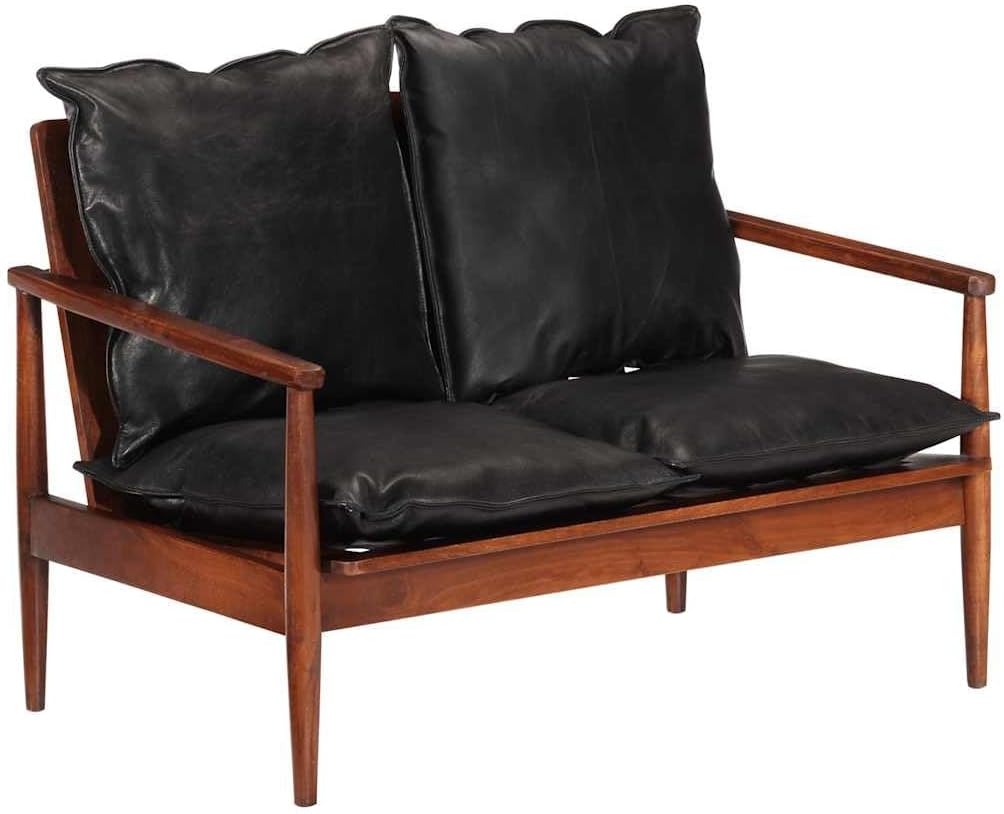Sofa 2-Sitzer- Schwarzes, aus echtem Leder mit Gestell aus massivem Akazienholz für Wohnzimmer