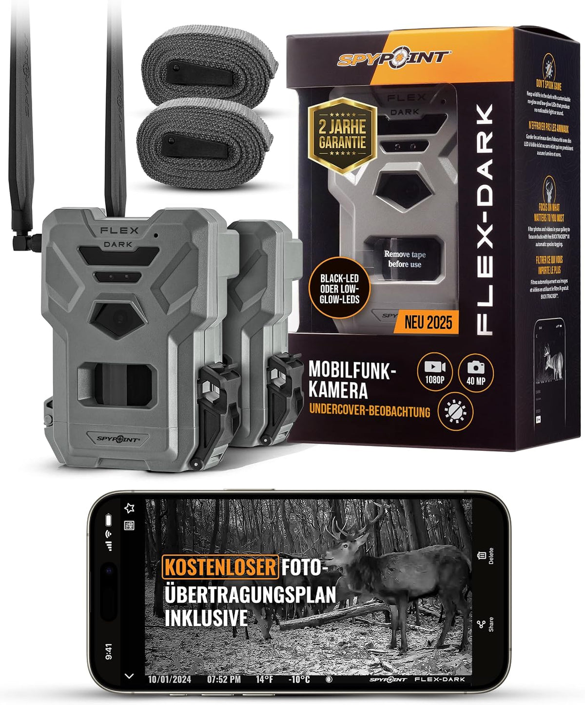 Spypoint Kameras & Kamerasysteme, Flex-Dark Twin Pack Mobilfunk-Wildkamera, 40MP Fotos, 1080p Video mit Ton, Keine sichtbaren Leuchten, Nachtsicht