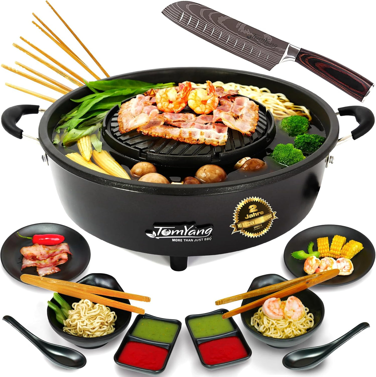 TomYang 6 Elektrischer Hot Pot inkl. Premium Zubehör Santoku Messer Grill