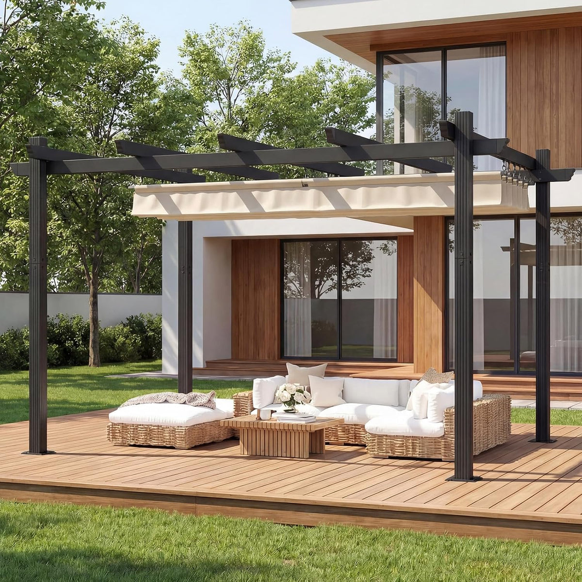 Pavillon Pergola, 3 × 4m wasserdicht stabil Winterfest, Sonnenschutz für Garten Terrasse & Balkon, Beige, TRIUMPHKEY