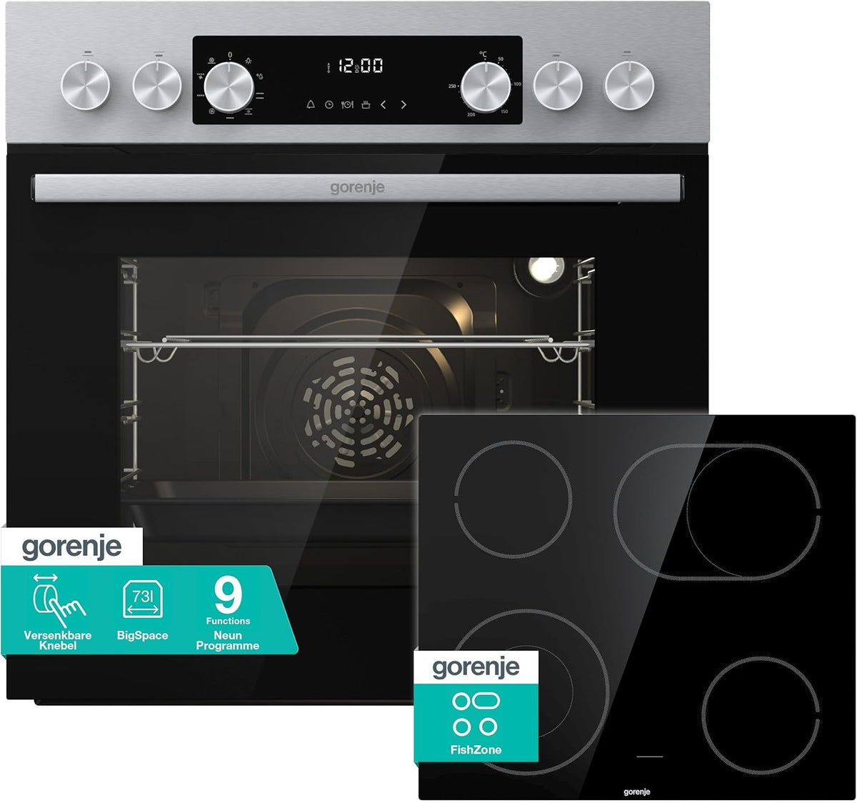 Gorenje Einbau-Herd-Set Inox Air Set mit Glaskeramik- Kochfeld, Heißluft, 73L, 250° max. Ofentemperatur, MultiAir Technologie, 9 Funktionen