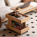 Beistelltisch Massivholz, mit Rollen, Mobiler Couchtisch mit Stauraum, Höhenverstellbarer Couchtisch für Wohnzimmer, Schlafzimmer & Esszimmer