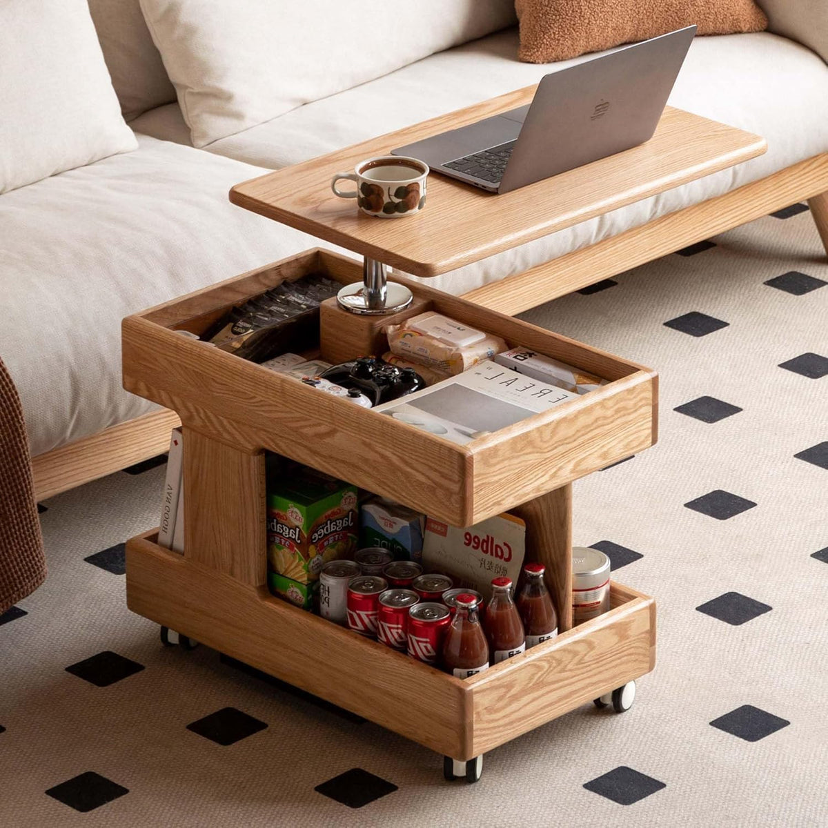 Beistelltisch Massivholz, mit Rollen, Mobiler Couchtisch mit Stauraum, Höhenverstellbarer Couchtisch für Wohnzimmer, Schlafzimmer & Esszimmer