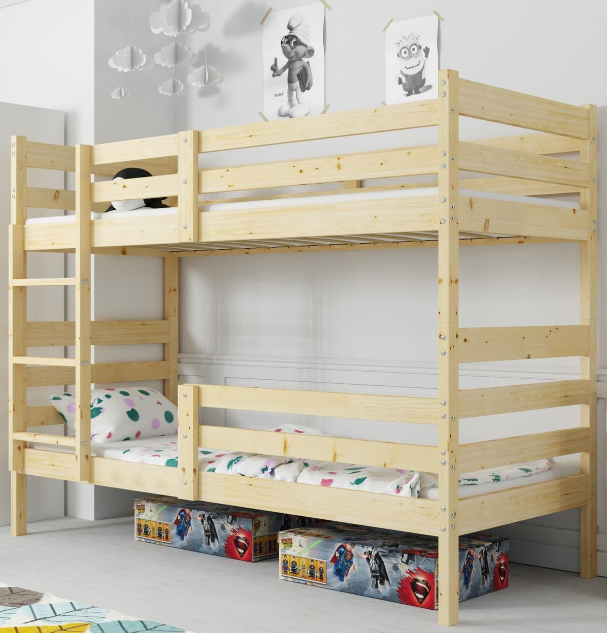 Kinderbett 90x200 Etagenbett cm aus Kiefernholz mit Lattenrost, Interbeds