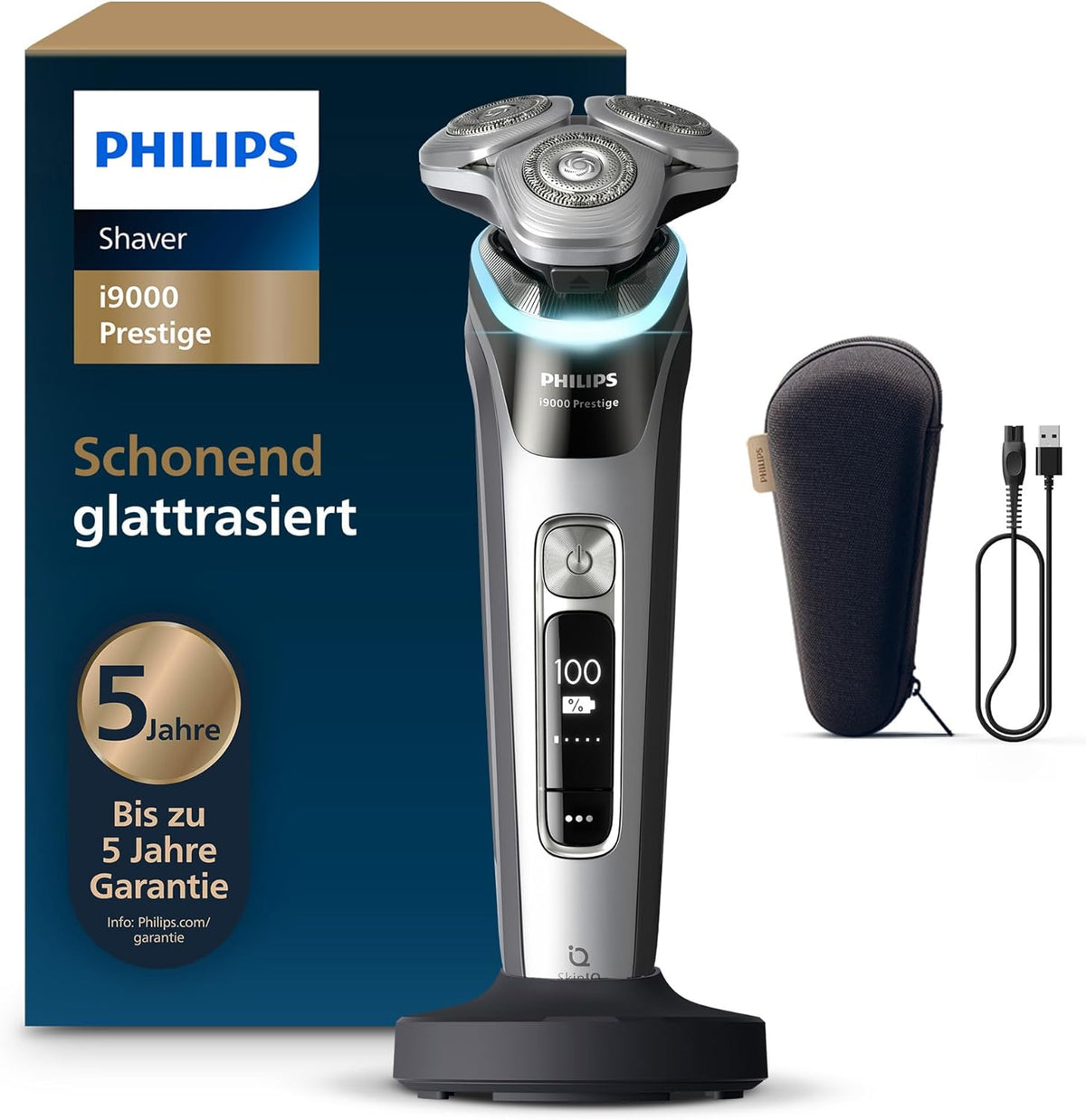 PHILIPS i9000 Rasierer Prestige elektrischer Nass- und Trockenrasierer für Herren mit integriertem Trimmer dunkelgrau-silber Drucksensor Ladestation
