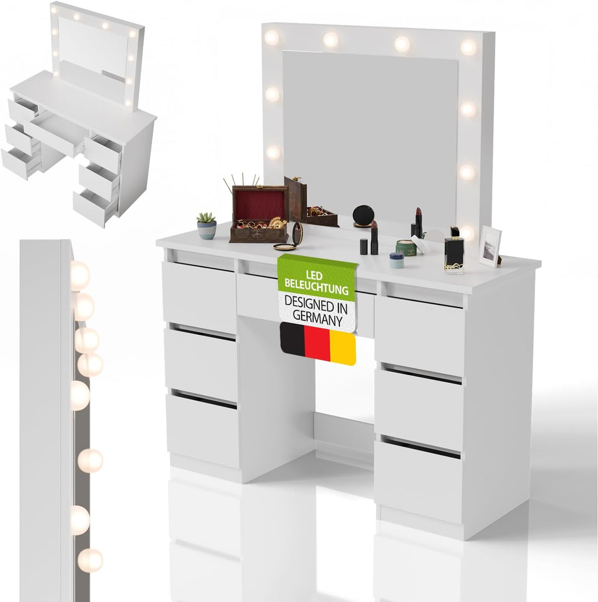 Schminktisch ®, Talea mit LED-Spiegel, 7 Schubladen, individuelle Lichteinstellung, viel Stauraum, modernes Design, kompakt & pflegeleicht, Weiß