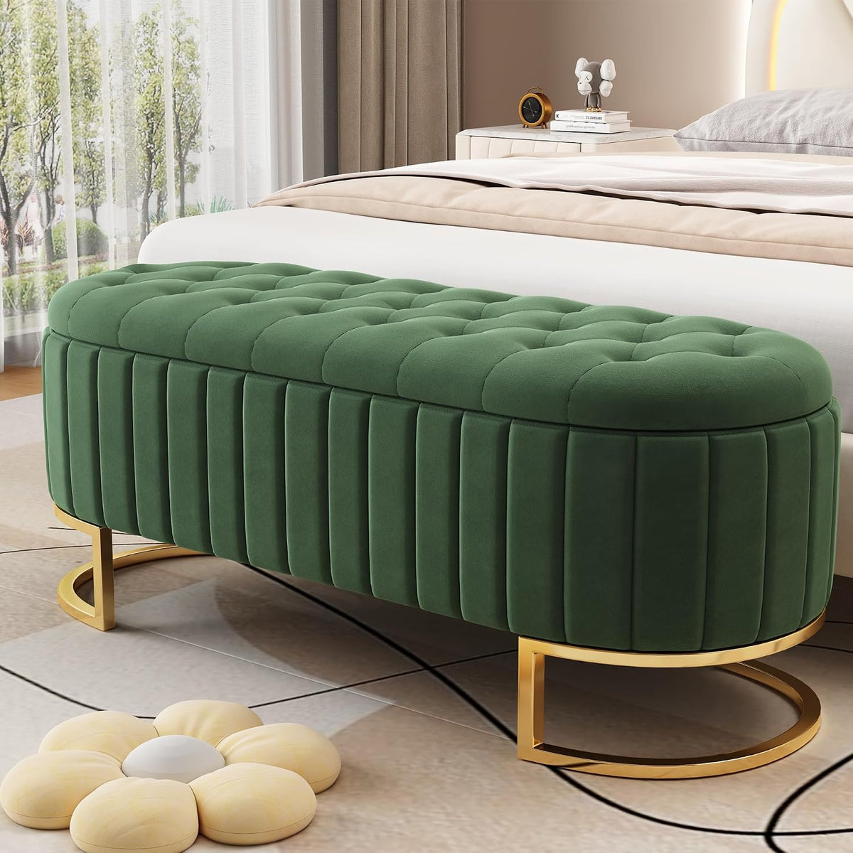 Aufbewahrungsbank, Stauraum-Schlafkoffer und Fußbank 120 x 40 cm, gepolsterte Fußbank mit Stauraum, Sofabank Bank, Samtstoff Grün., VIVCA