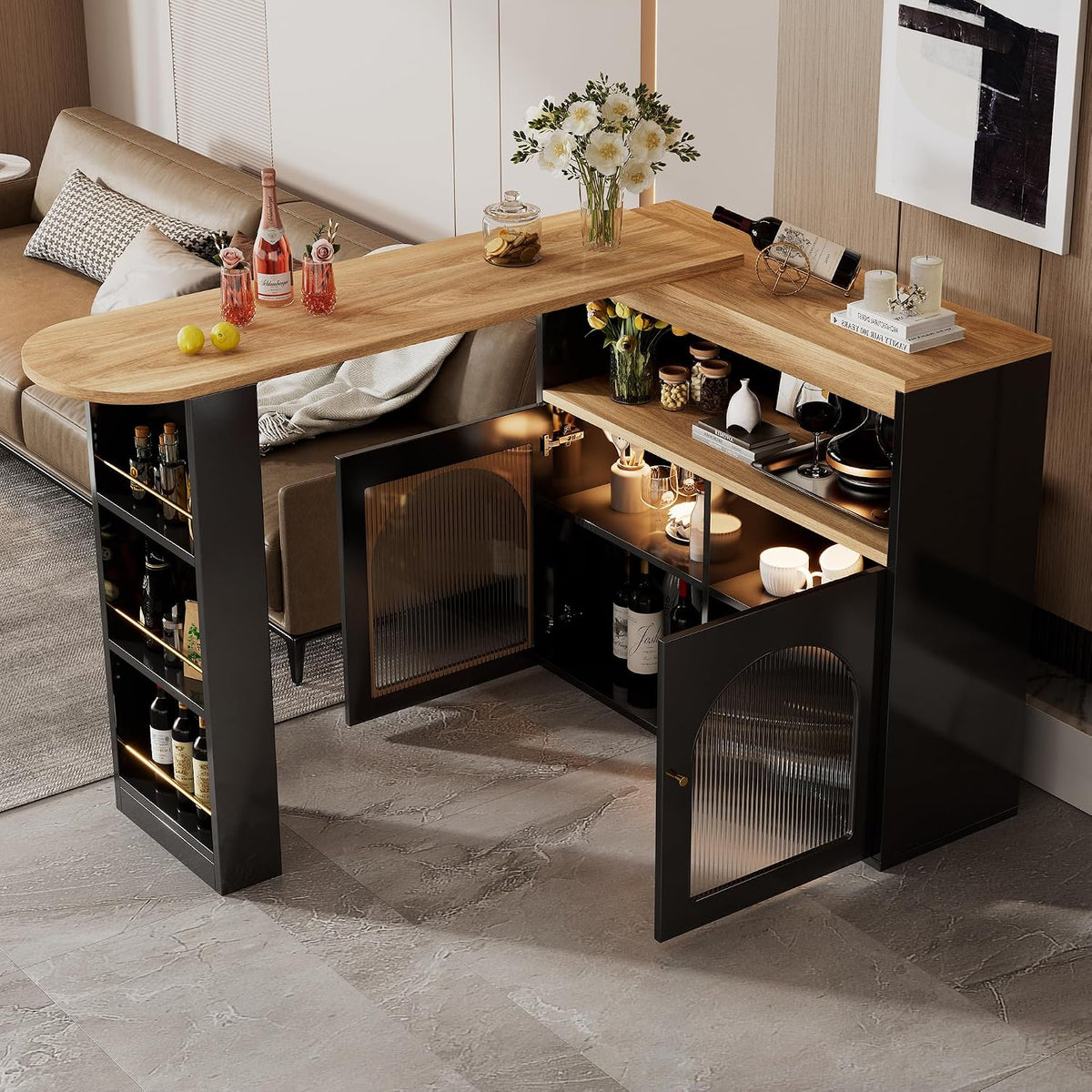 Esstisch Moderner ausziehbarer Bartisch Ausziehbarer, mit Stauraum, Stehtisch Bistrotisch, drehbar, für Esszimmer, Mit 1m langem LED (Schwarz), KUAKE