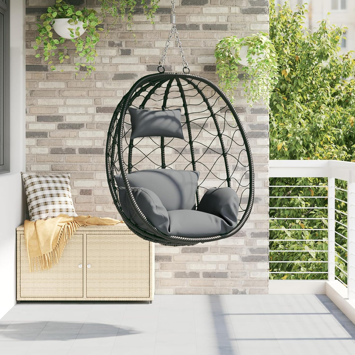 Hängesessel, Korb ohne Gestell Anthrazit Poly Rattan, 1 Stück, wetterfester Outdoor-Sessel mit weicher Polsterung für Garten, Terrasse und Balkon