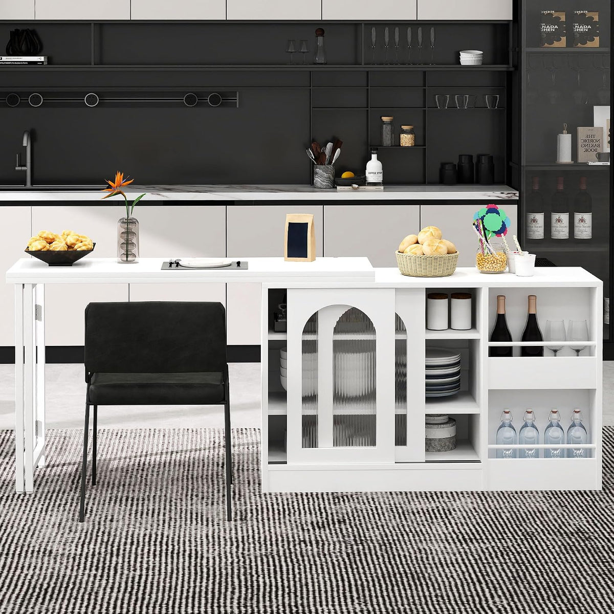 Sideboard 360° Ausziehbarer Bartisch Drehbares, Essbar, Modernes Multifunktionales Bar Tisch, mit Glasschiebetür und Stauraum Regal, für Küche