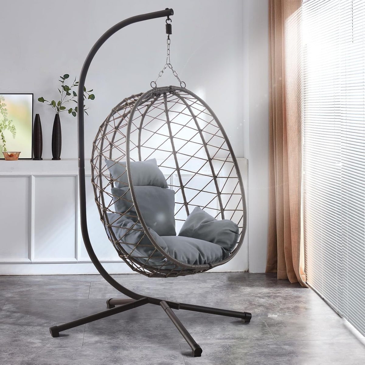 Hängesessel Luxus, NEW XXL Gestell Schwarz mit Korb und Relaxkissen Grau, Tenzo-R