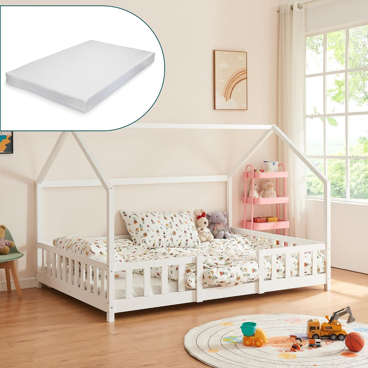 Kinderbett, Sisimiut mit Matratze 120 × 200 cm Hausbett Montessori mit Rausfallschutz Holzbett für Kinder Bodenbett Lattenrost Kiefernholz Weiß