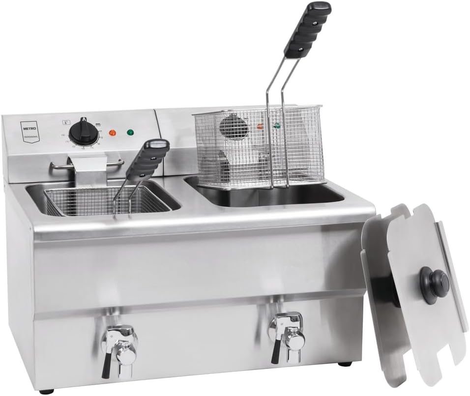 METRO Professional Tiegelfritteusen, Doppel Fritteuse GDF5028, Edelstahl, 2 x 8 L, mit Ablasshahn und Deckel, abnehmbares Bedienfeld, silber