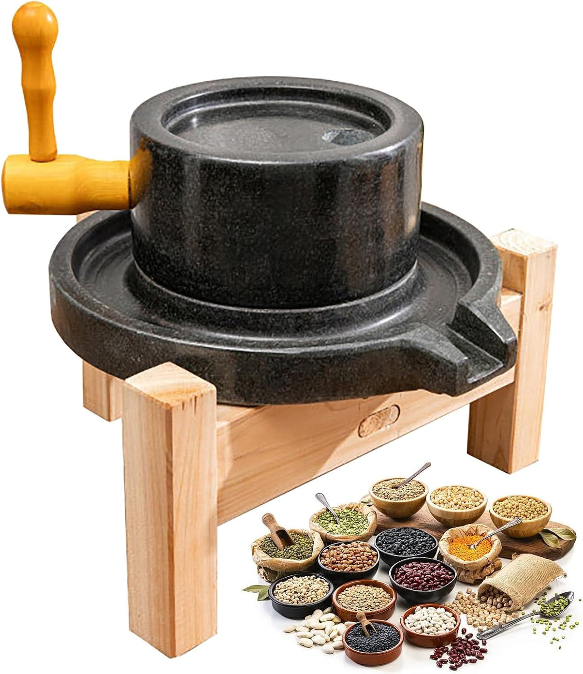 ZENSTYW Nassschleifer, Manuelle Steinmühle Mit Holzständer, Mahlscheibe Aus Naturstein, Haushalts-Handmühle Für Getreide