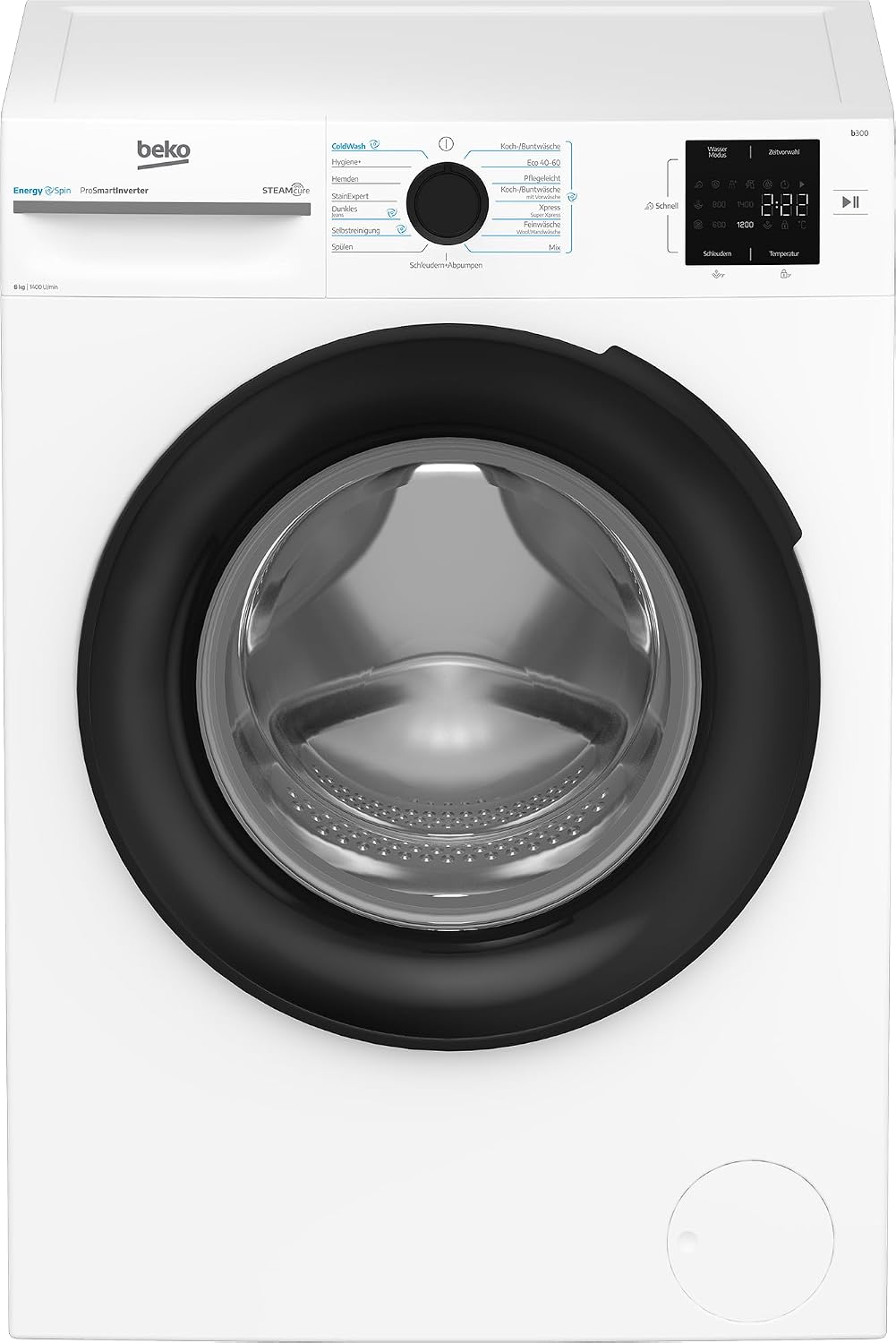 Beko BM3WFU3841X freistehend Waschmaschine, Waschvollautomat, 8 kg, EnergySpin, Schleuderwahl 1400 U/min, Dampffunktion, Hygiene+ allergikergeeignet