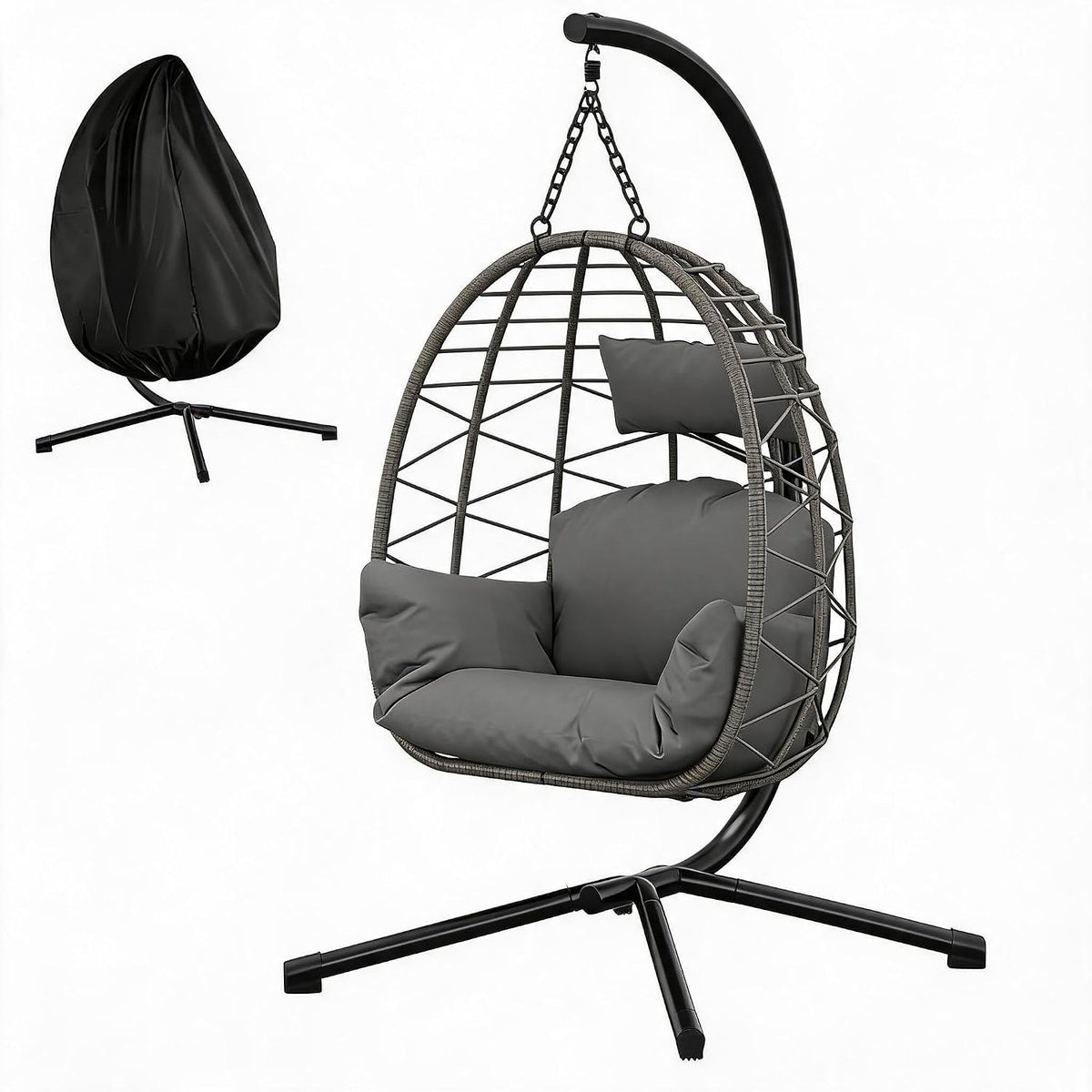 Hängesessel, Faltbare Eierschaukel mit Gestell, Polyrattan, bis 150kg, inkl Kissen, Grau, JustSmart