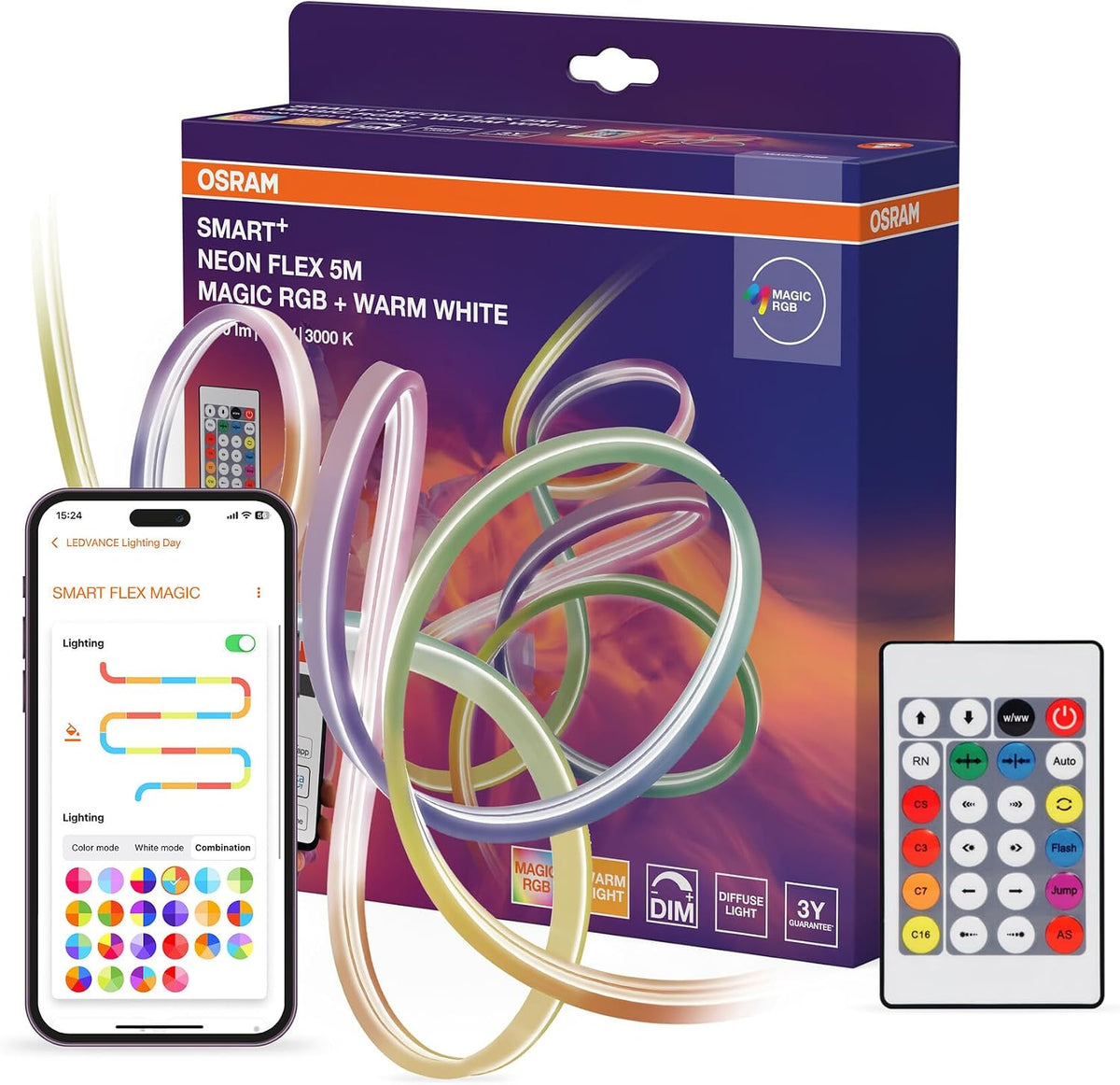 Osram LED Streifen, 5M, WLAN steuerbar, Magic RGB für diverse Farben und Lichteffekte, 830 warmweiß, mit Fernbedienung, 21W, IP44