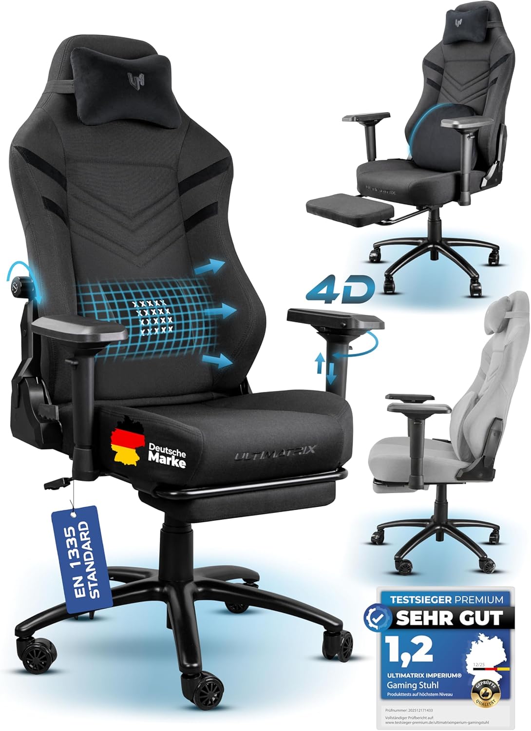 Ultimatrix Imperium Gaming-Stühle, FURY Gaming Stuhl Ergonomisch TESTSIEGER Integrierte Lordosenstütze, 4D-Armlehnen, Atmungsaktiver Stoff, Fußstütze
