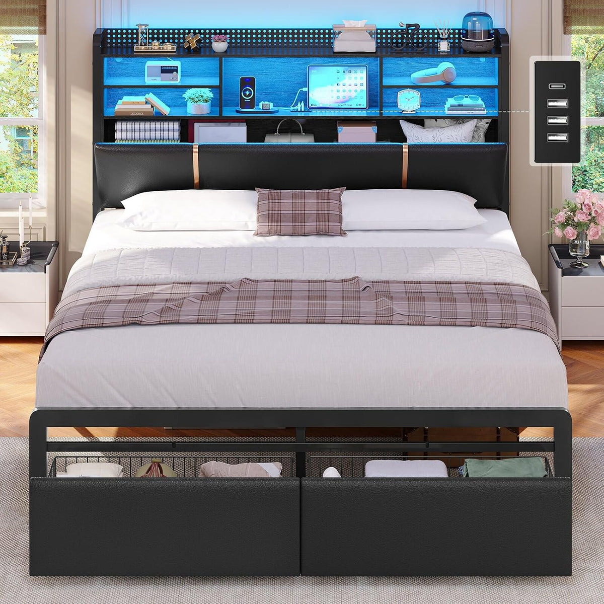 Bett, 140 × 200 cm, Polsterbett mit LED-Beleuchtung, Metallbett Bettgestell, Bettrahmen mit 2 Schubladen, Regalkopfteil mit Stauraum, Steckdose