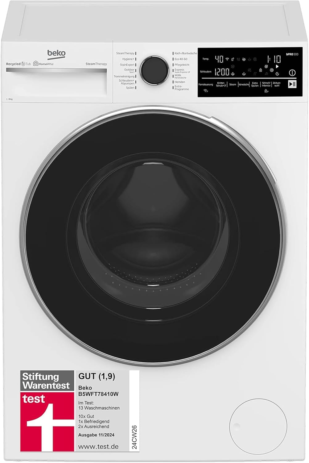 Beko Waschmaschine, 8kg, Stiftung Warentest GUT (1, 9)*, 1400 U/min, SteamCure Dampffunktion, AquaWave Schontrommel, StainExpert Programm, B5WFT78410W