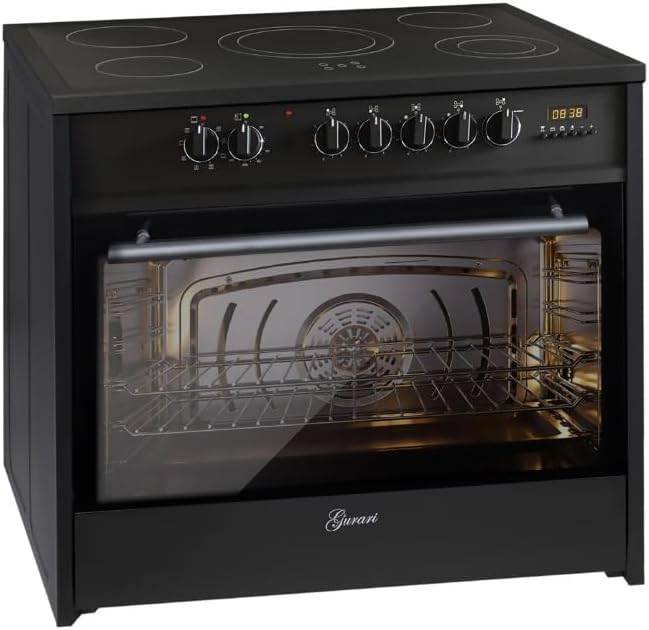 Gurari Backofen, Elektrostandherd GCH E 912 BL, 90 cm, Schwarz, Glaskeramik, 121 L, 8 Funktionen, Heißluft, Grill, 5 Hi-Light Zonen, Teleskopauszug