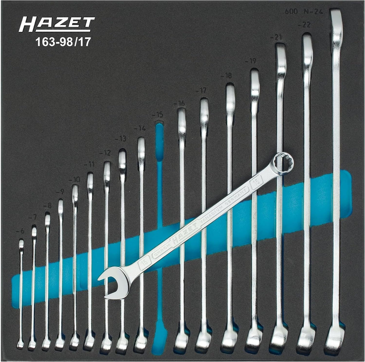 Hazet Ringmaulschlüssel, Ring-Maulschlüssel-Satz 163-98/17, Lange Ausführung, Länge 344 mm