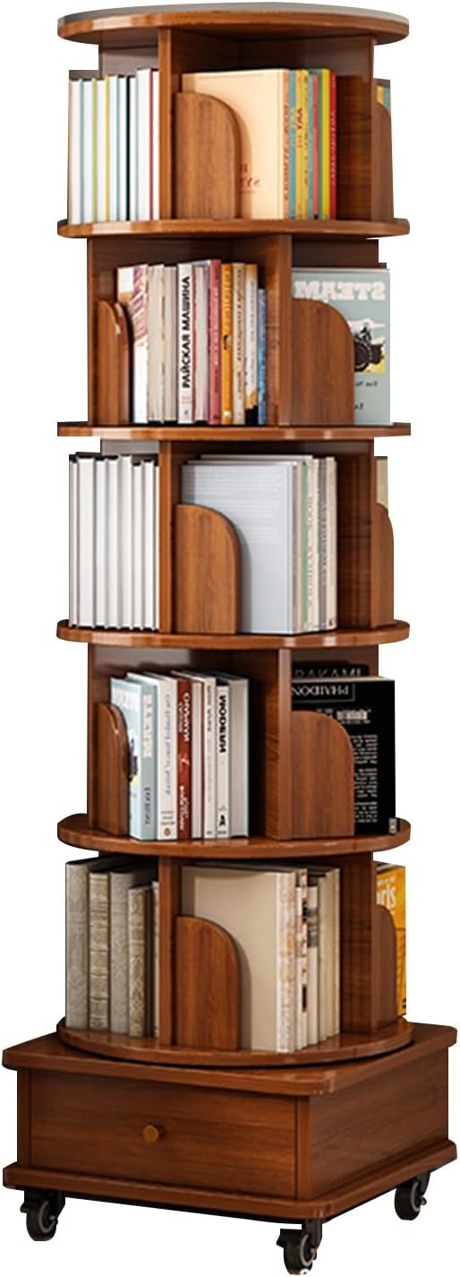 Bücherregal Drehbares, Wohnzimmerregal, Schülerregal, mit Schubladen, herausnehmbar, Eckschrank, 6 Etagen(Walnut), Conslika