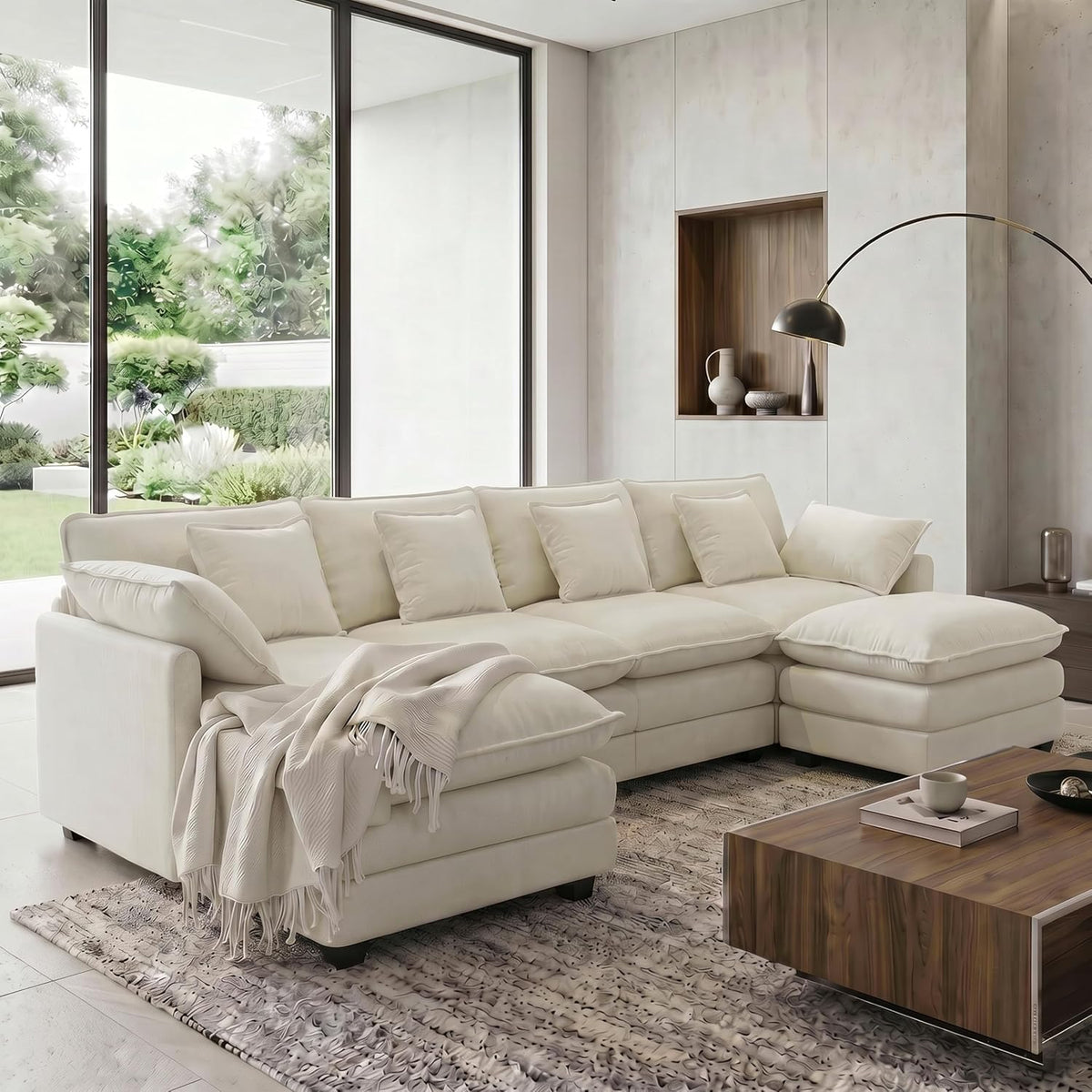 Sofa U-Form Cloud, Modulares Sektionssofa 6-Sitzer mit 2 Ottomanen, Modernes Sofa mit Dekokissen/Armlehnen, Atmungsaktivem Chenille-Stoff