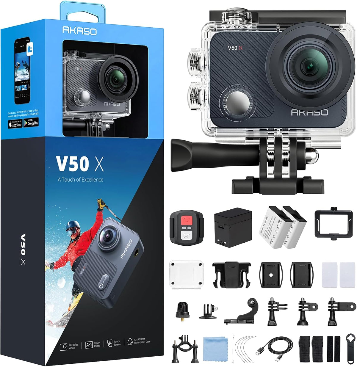 AKASO 4K30FPS Action Cam Unterwasser Kamera, Fernbedienung, Helmzubehör-Kit V50X