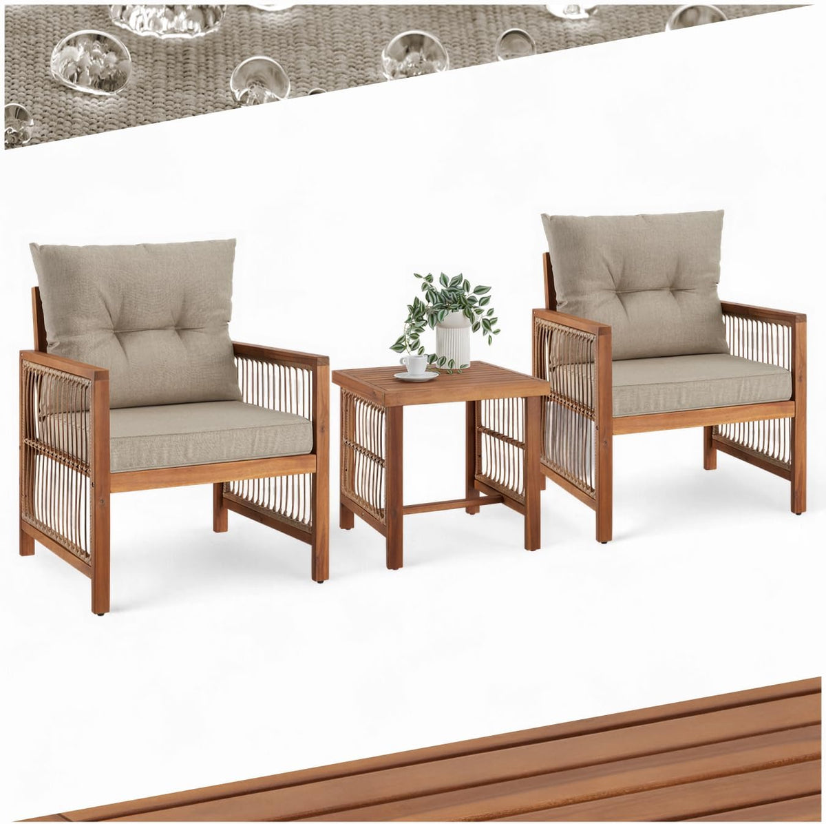 Gartenstuhl 2X ® Lounge Set Balkonmöbel Bistrotisch Set mit, Holz und Balkon Tisch, Gartenlounge Set im Rope Design, Garten Lounge