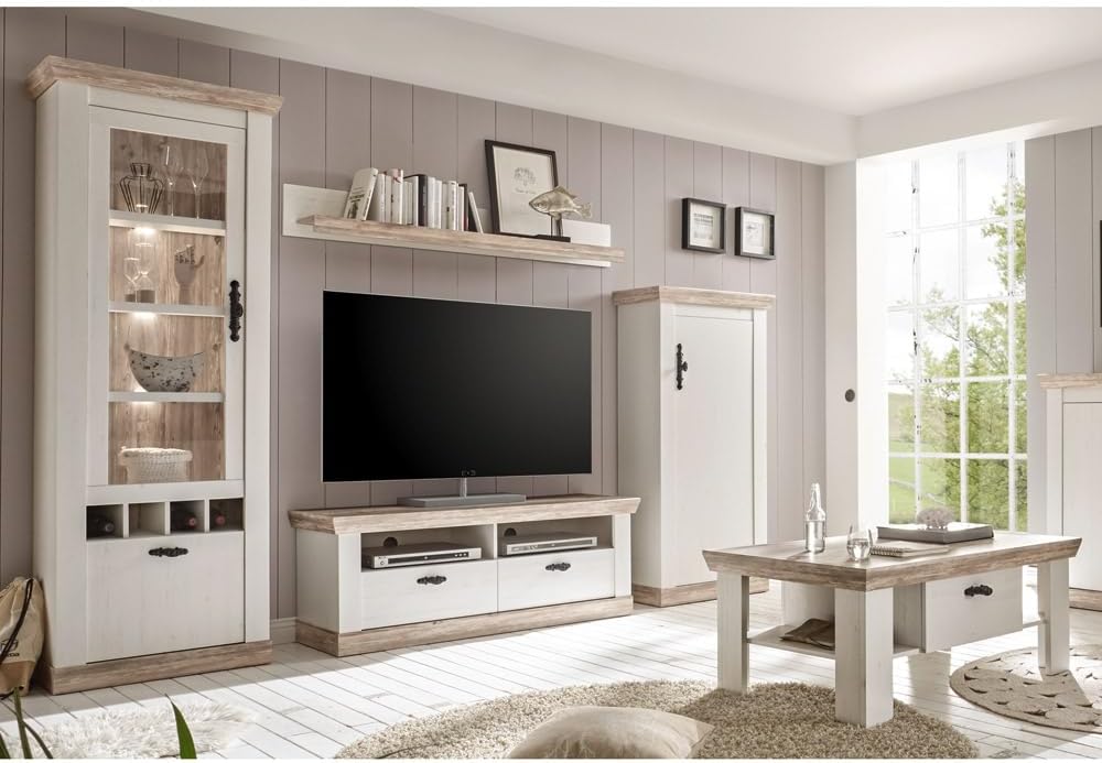 Couchtisch TV Landhaus Wohnzimmer Media Wohnwand Set inkl., Pinie weiß und Oslo Nb., inkl. Beleuchtung, Lomadox