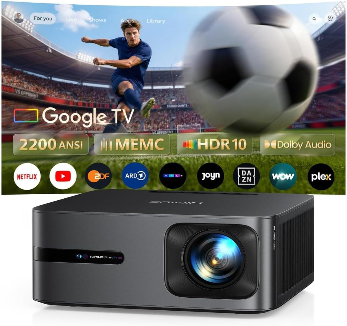 WiMiUS Beamer, 4K für Google TV 14.0 & Gemini, 2200 ANSI, MEMC, 40W Dolby Audio, HDR10, Smart Outdoor Beamer 4K Heimkino mit Auto KI-Bildanpassung