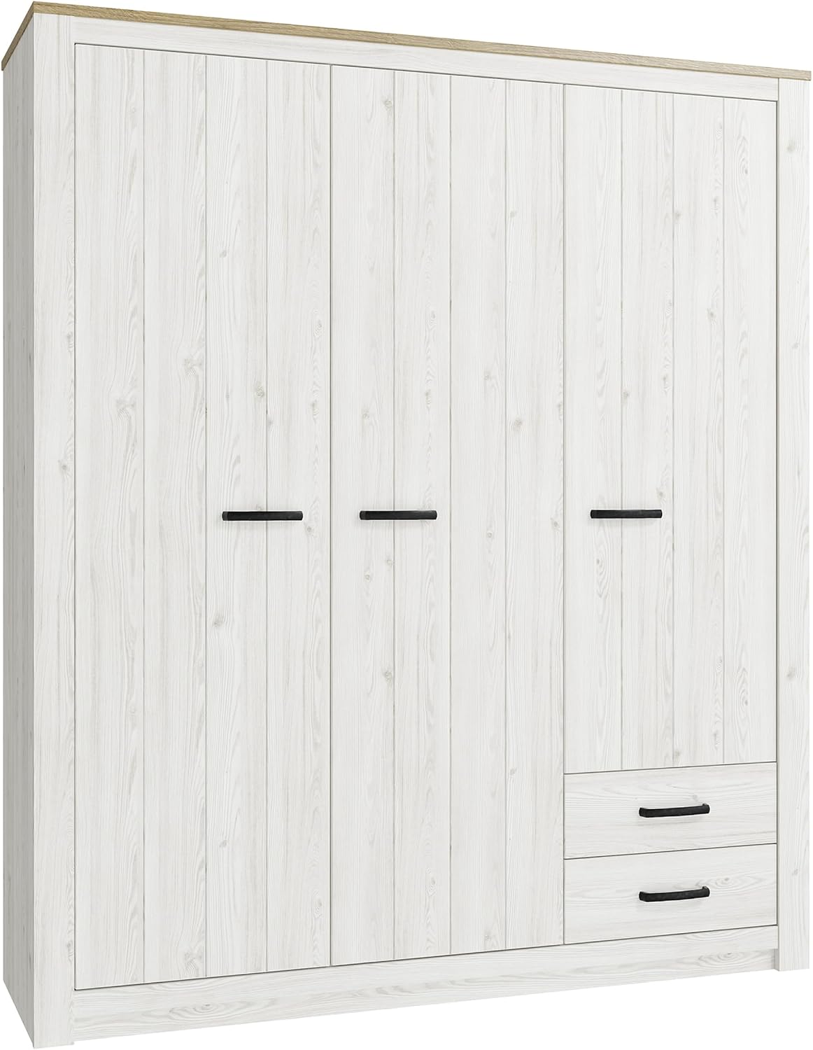Kleiderschrank Elara, 180, geräumig, 3-türig, 2 Schubladen, Holzwerkstoff, Riviera Eiche/Sibiu Lärche Holzdekor, 181, 1 cm breit × 212, 7 cm hoch × 55