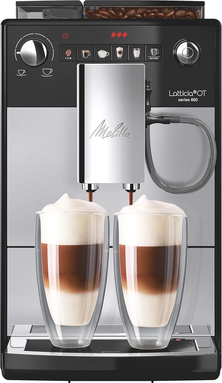Melitta OT Latticia - Kaffeevollautomat, mit Milchsystem, Kaffeemaschine mit Mahlwerk für z. B. Kaffee oder Cappuccino, silber/schwarz