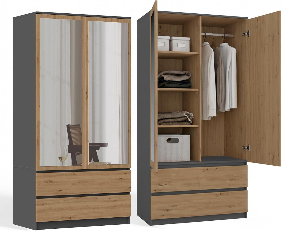 Kleiderschrank, + Spiegel 90cm breit 2-türig Flurschrank 2 Schubladen, CDF