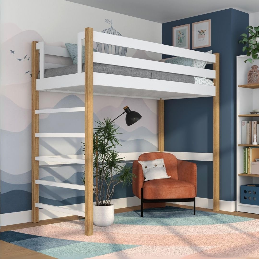 Bett N01 Hoch, Etagenbett 120 × 200 cm, aus Eichenholz, 2 Leitermontageseiten: Links oder rechts, sichere abgerundete Kanten