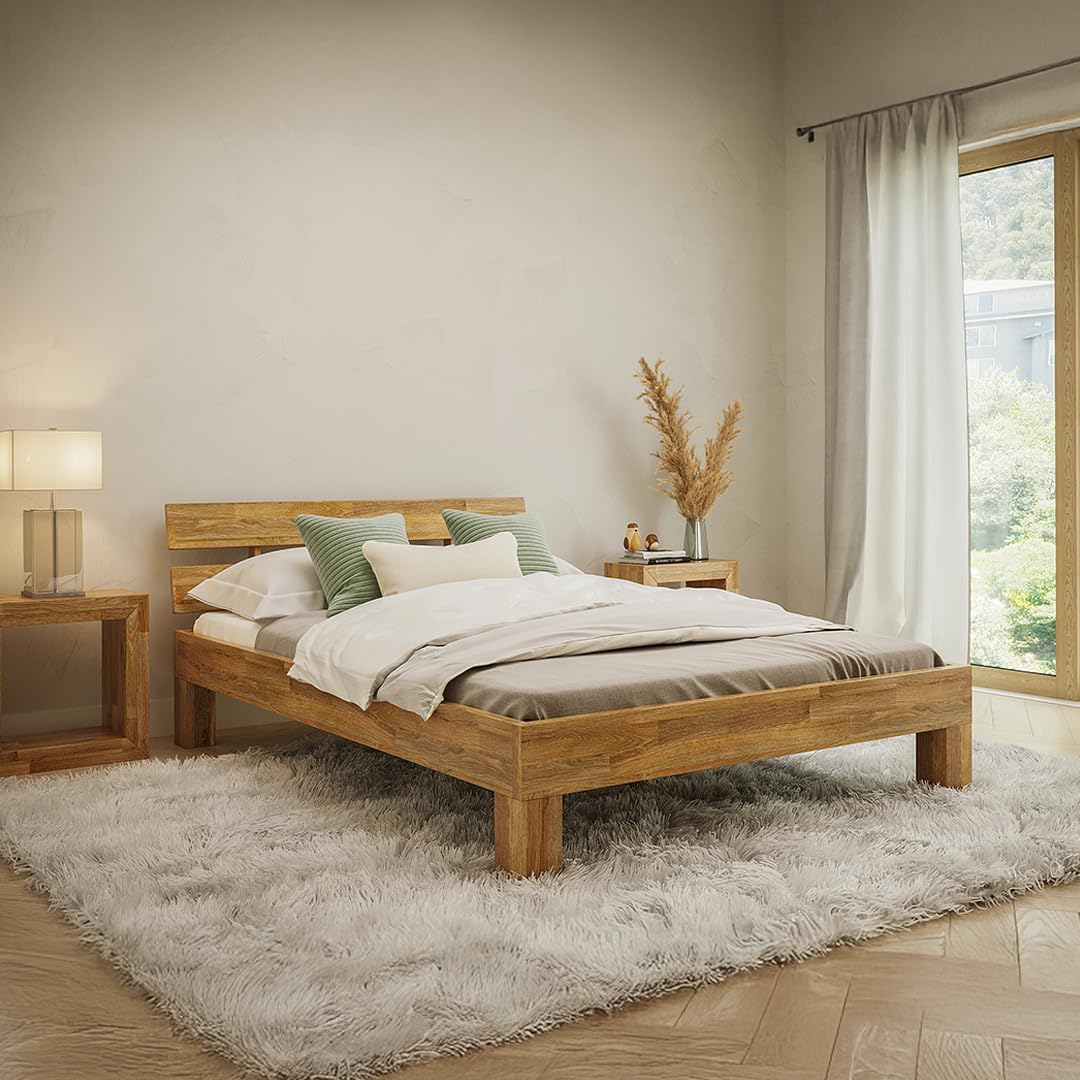 Bett Floki Massivholz, Eiche 140 × 200 cm, Bett mit Bettkopf, Natur geölt, skølm