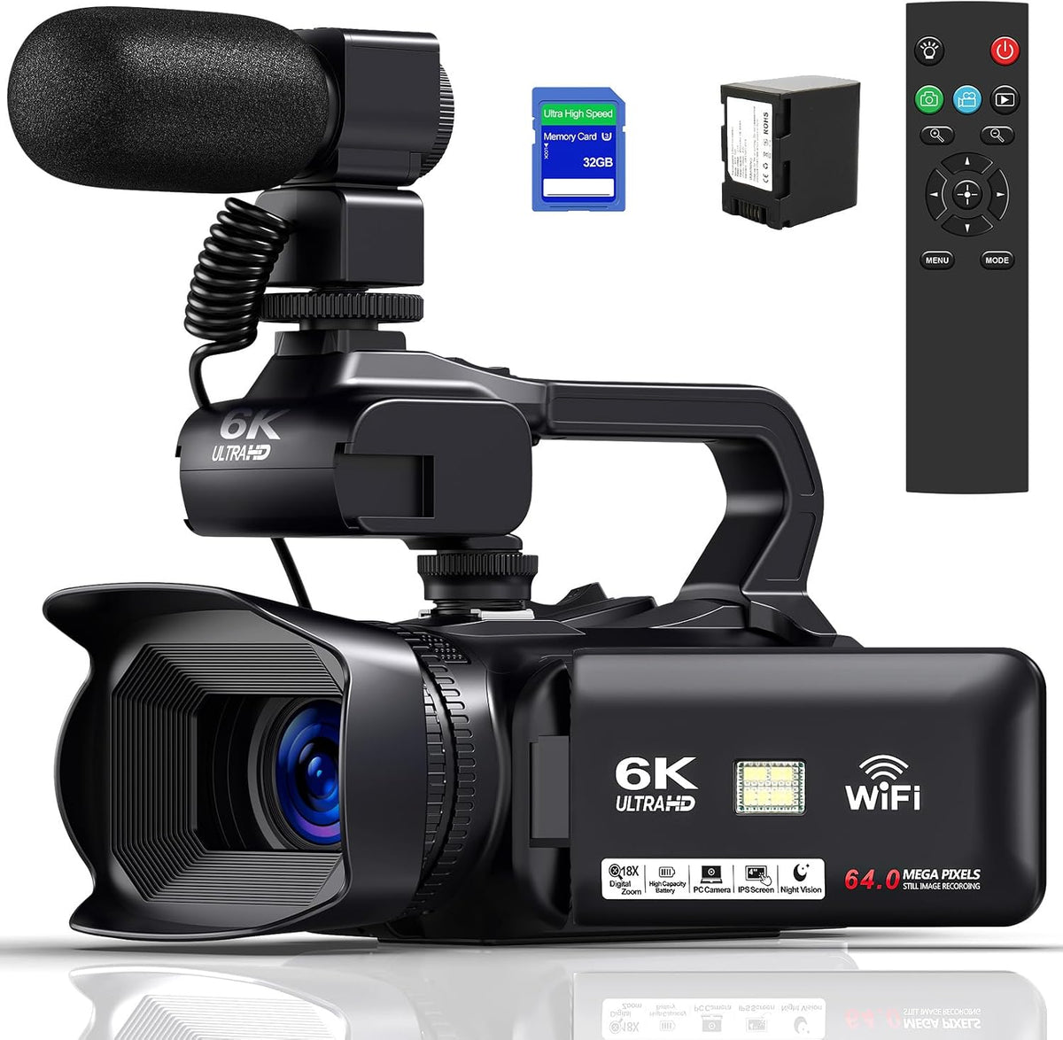 Delmodes 6K 64MP Videokamera Camcorder, 18X Digital Zoom Vlogging Camera for YouTube, 4.0' Touch Screen HD WiFi Videokamera mit 4500mAh Battery