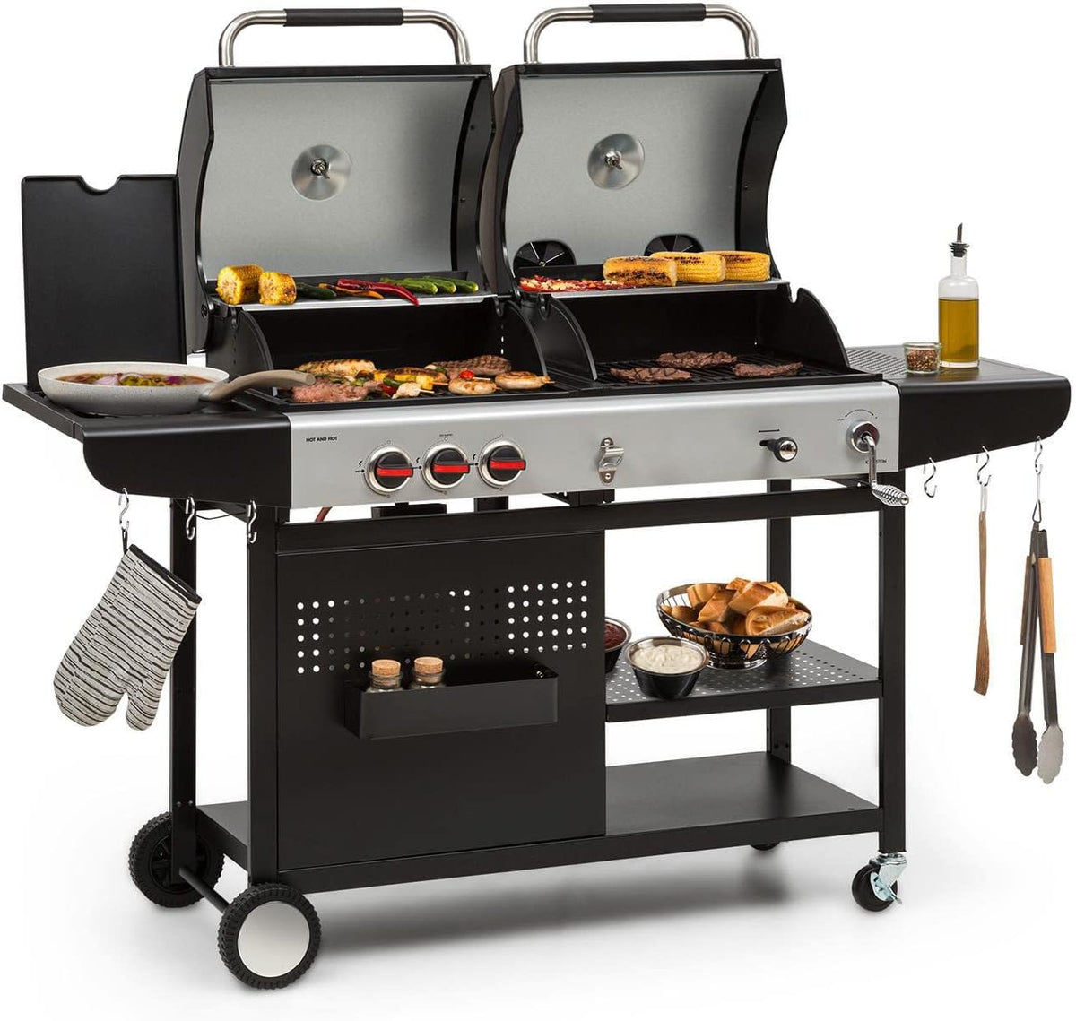Klarstein Gasgrills, Hot & Hot Kombigrill - 2in1-System: Gas-/Kohlegrill, 3 Edelstahlbrenner, Leistung: 8, 5 kW, InstantReady Concept
