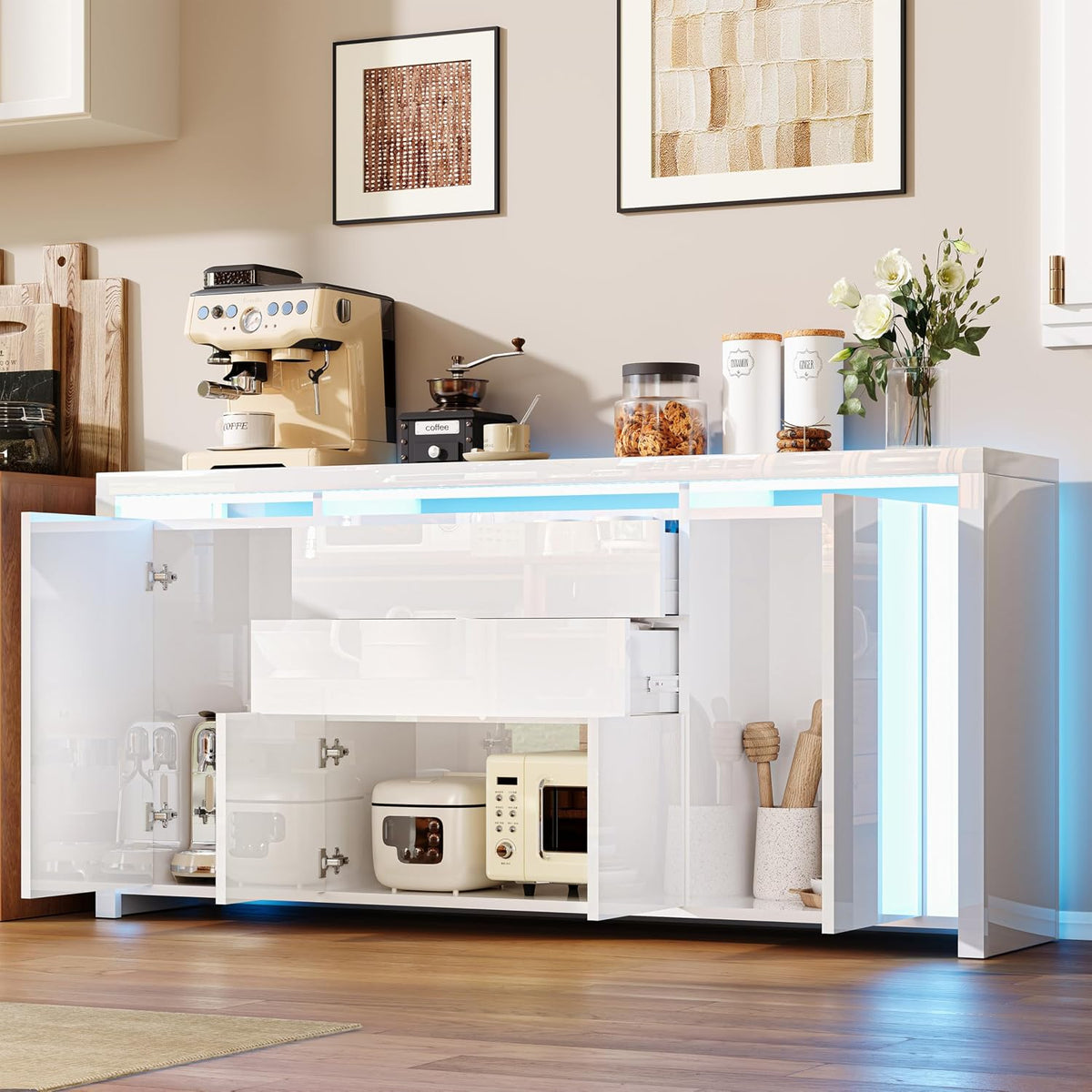 TV-Lowboard, Kommode Weiß Hochglanz Mit LED Beleuchtung, Modernes Sideboard Mit 2 Schubladen Und 4 Schränken