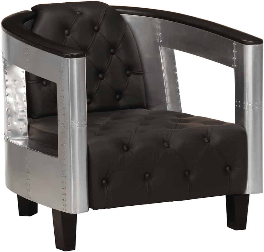 Komfortsessel, Fliegersessel Schwarz Echtleder 73 x 67 x 69 cm mit Aluminium-Armlehnen, Bequemer Lounge-Armchair mit Modernem Design