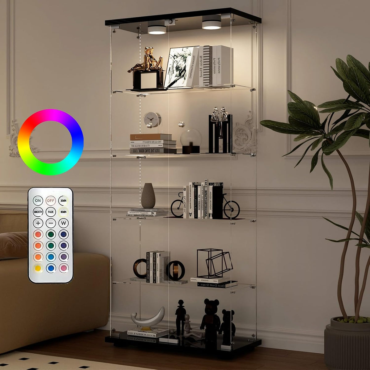 Aplancee Glasvitrine, mit LED, 5 Ebenen und 2 Türen, 188 × 36 × 80 cm, Schwarz