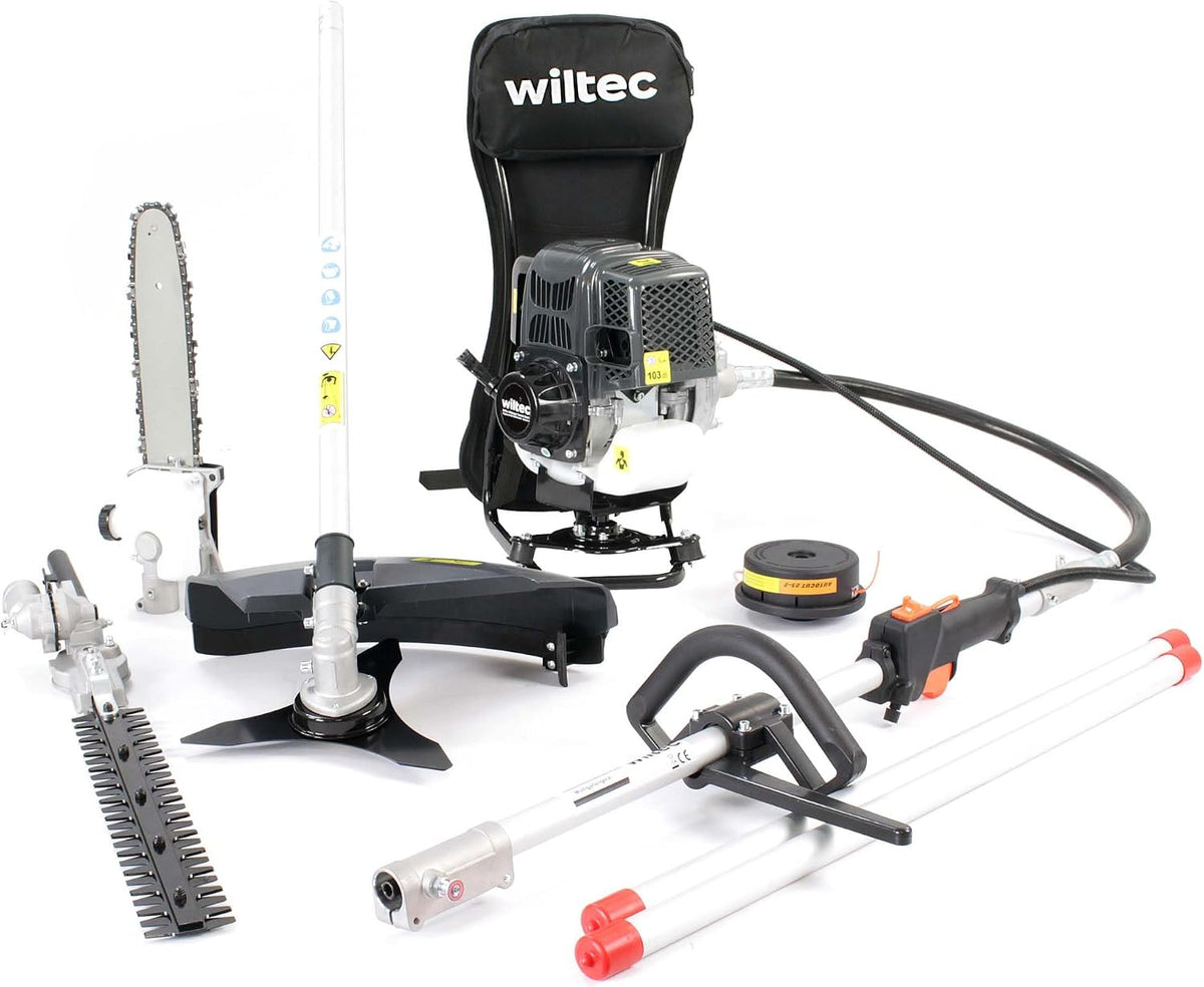 Wiltec Benzin-Multitool, 4-in-1 Multifunktionsgerät mit 4-Takt-Motor mit Rucksack, Backpacker Multigartengerät