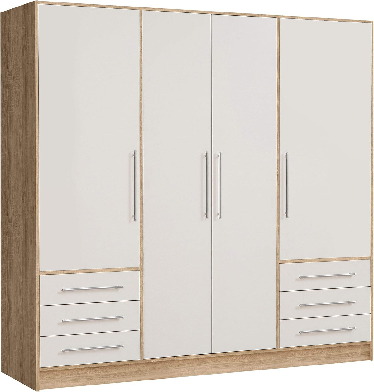Kleiderschrank 200 210 Jupiter Schrank, Drehtürenschrank, 4-türig, mit 6 Schubladen und Einlegeböden, Weiß mit Holz Dekor: Sonoma Eiche