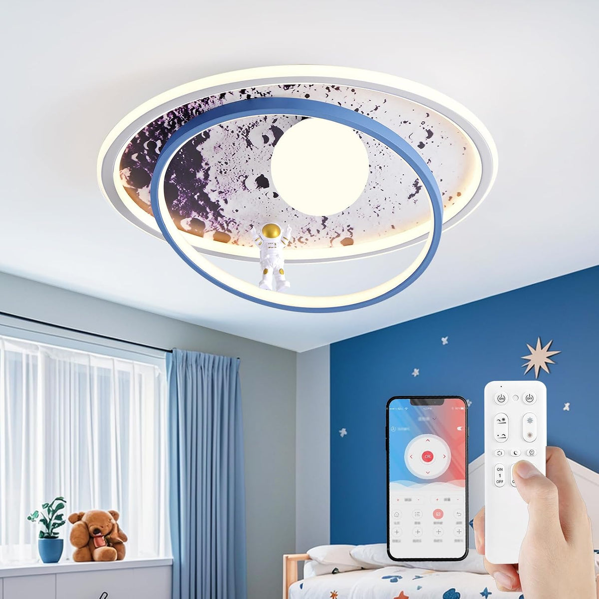 RRBEST LED Kinder Deckenlampe Mond Oberfläche Astronaut Design Deckenleuchte, Dimmbar Jungen und Mädchen Zimmer Licht mit Fernbedienung