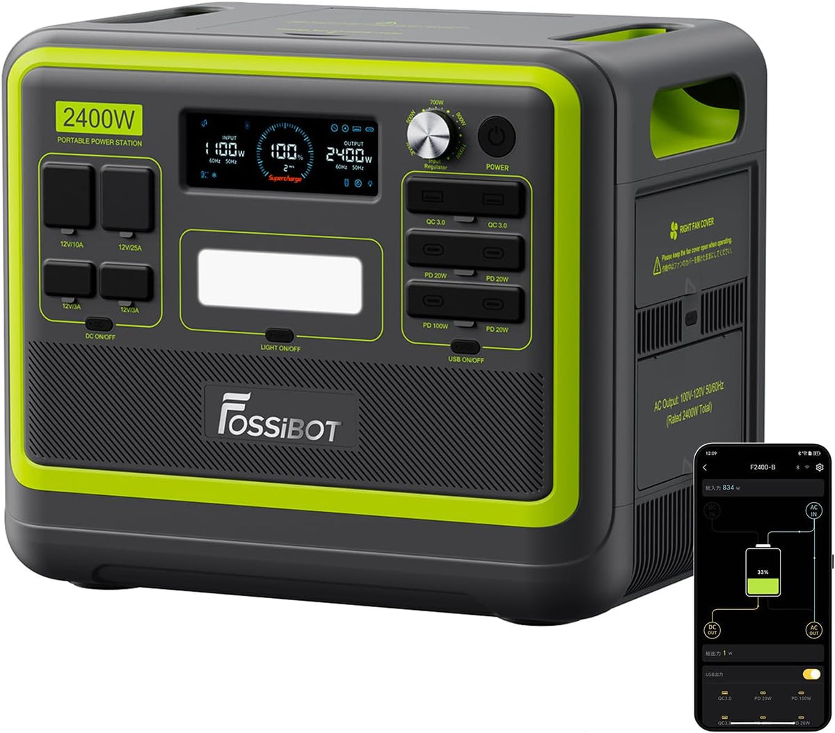FOSSiBOT Tragbare Powerstation, F2400, Solargenerator 2048Wh LiFePO4 Batterie-Backup mit 2400W 3X AC Ausgängen (4800W Peak) 230V
