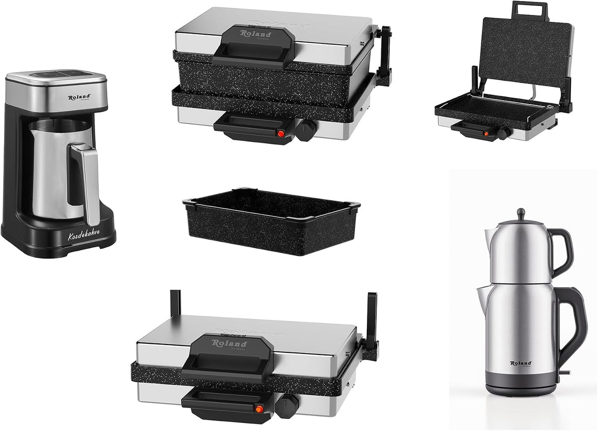 Roland Germany Elektrogrills, Multigrill, 2000W Elektro-Kontaktgrill, Schwarz, 340x220mm Grillplatten, 5-Stufen Temperaturregelung, für Lahmacun